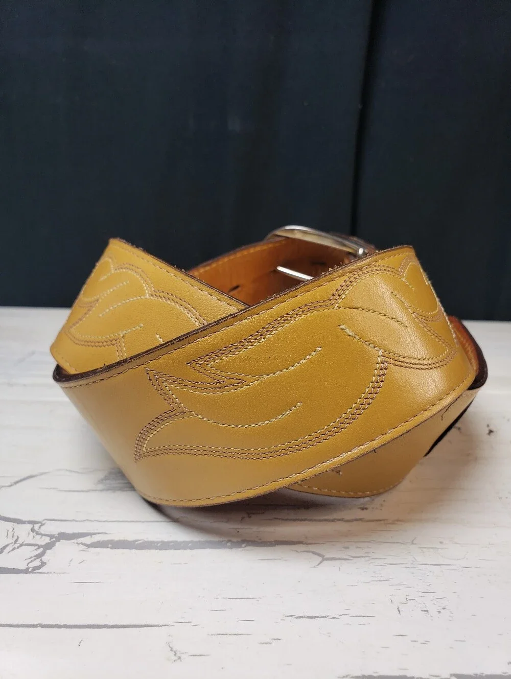 Justin Ostrich & Calfskin Leather Belt in Mustard Tan - Men's or Women's size 36